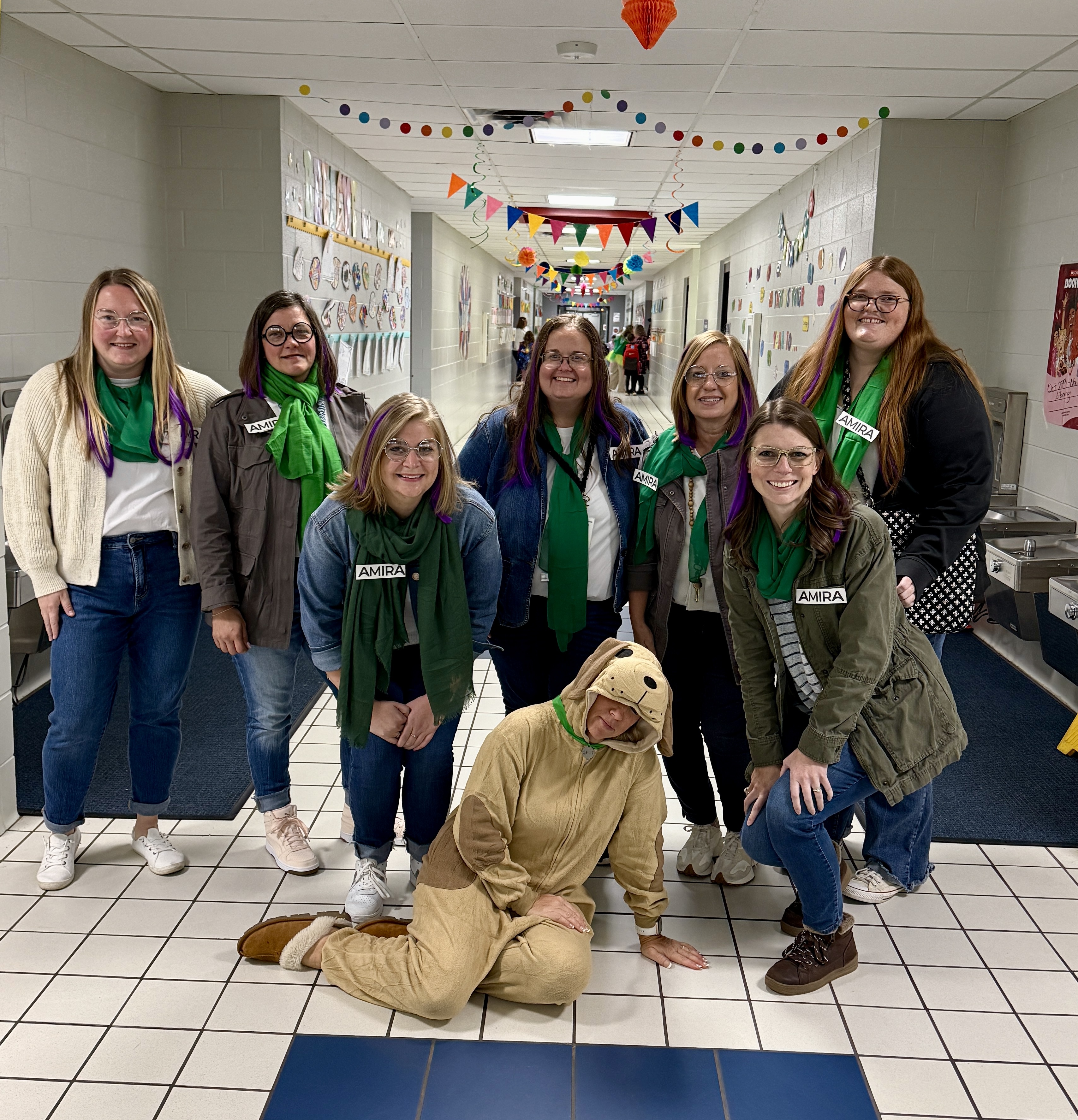 Educators dressed as Amira with a colleague in a dog costume at Central Elementary in Bixby, Oklahoma
