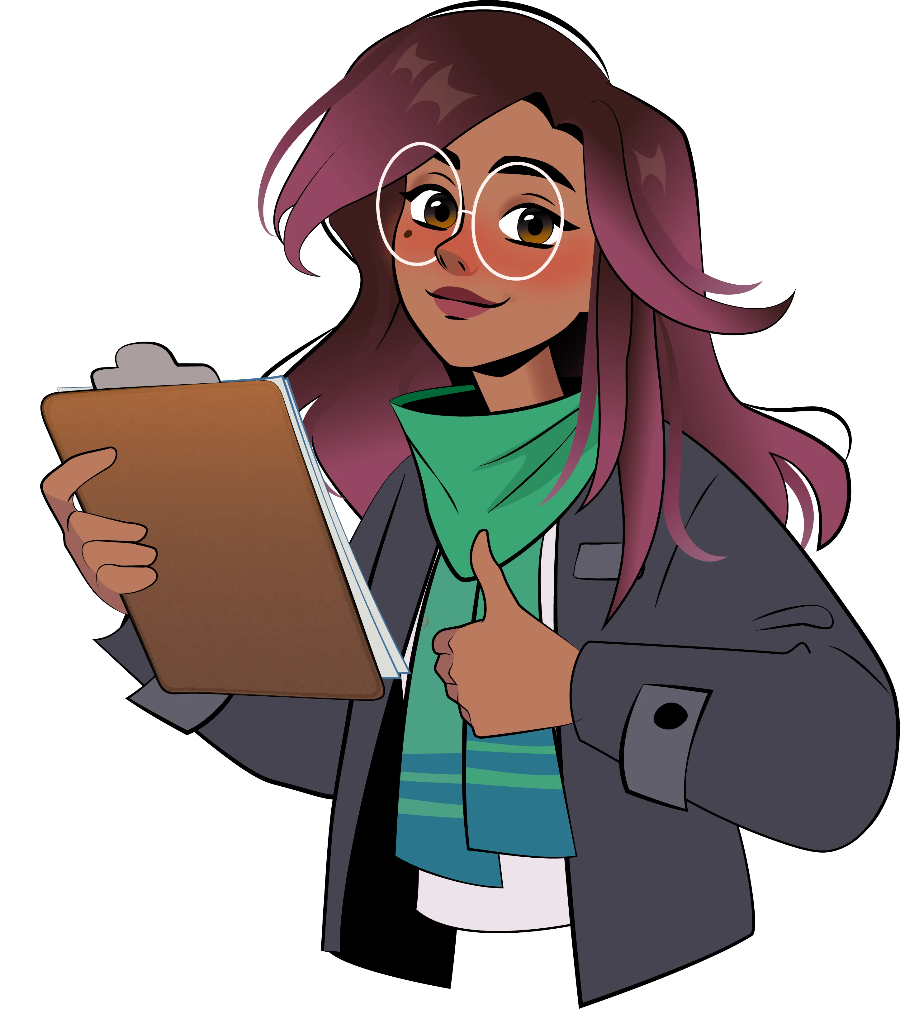 Amira holding a clipboard and giving a thumbs up