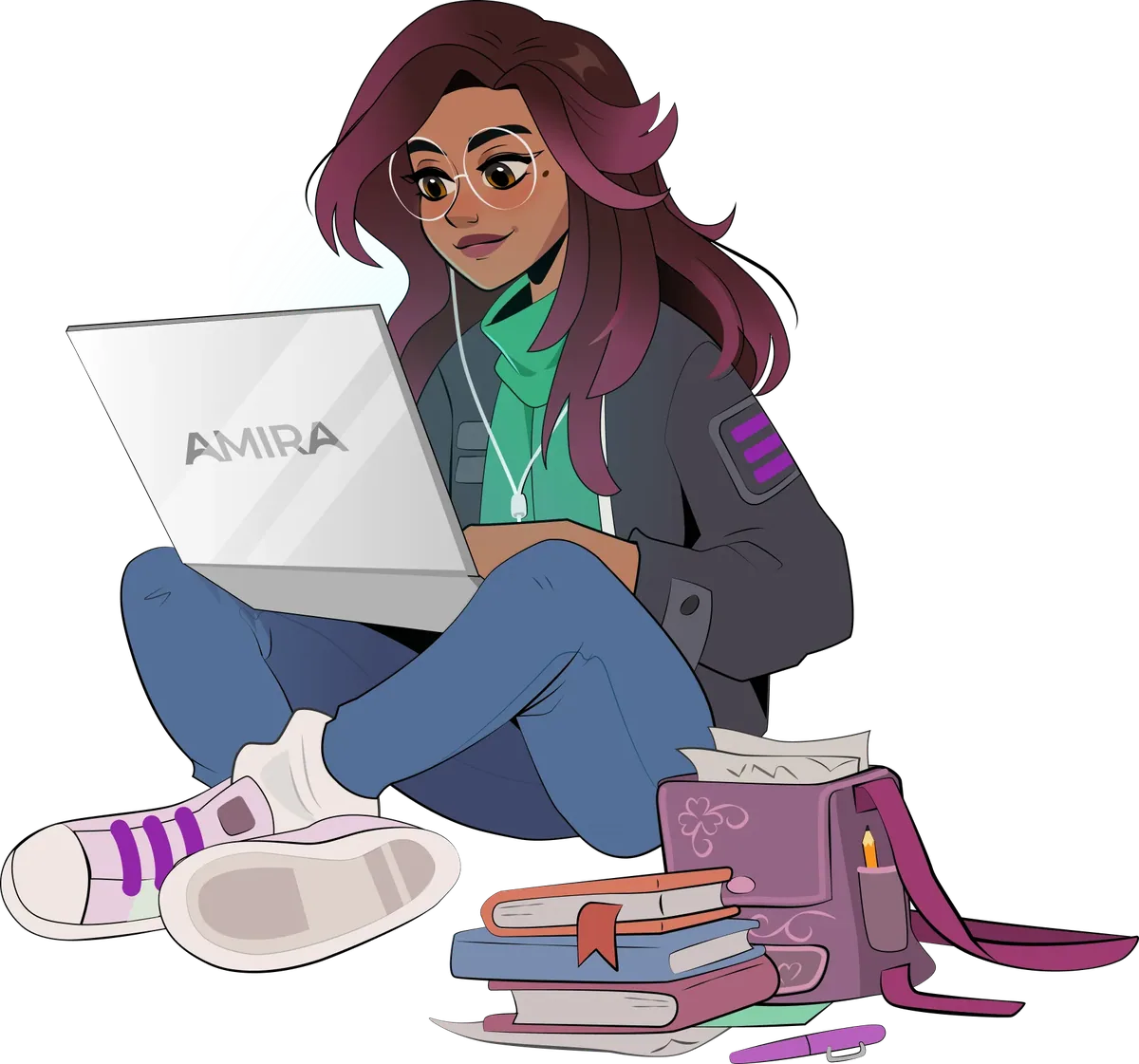 Amira sitting with a laptop